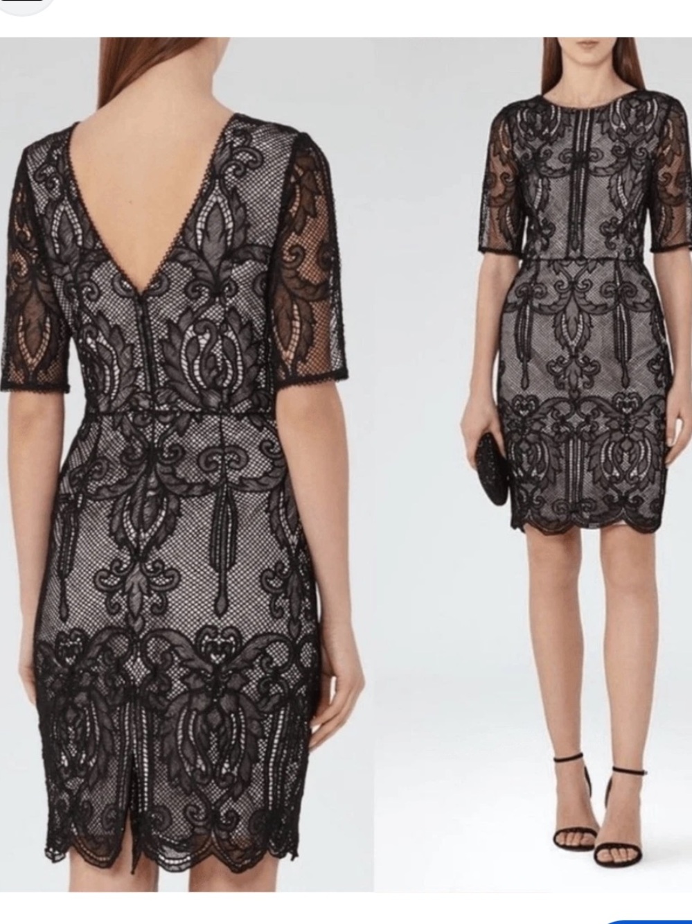 Reiss Zola Lace Sheath Dress in V-Back Party Cocktail